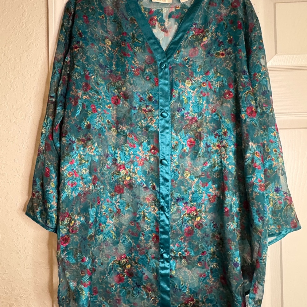 Vintage gold label Victoria's Secret Teal and Floral Sheer Kimono